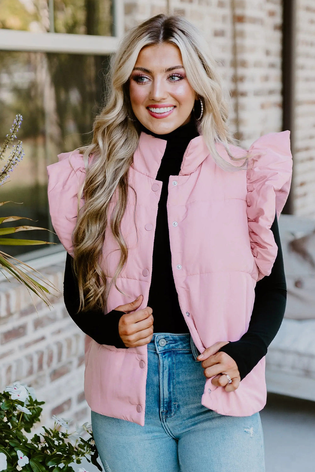 Pink Stand Neck Flutter Sleeve Snap Button Puffer Vest