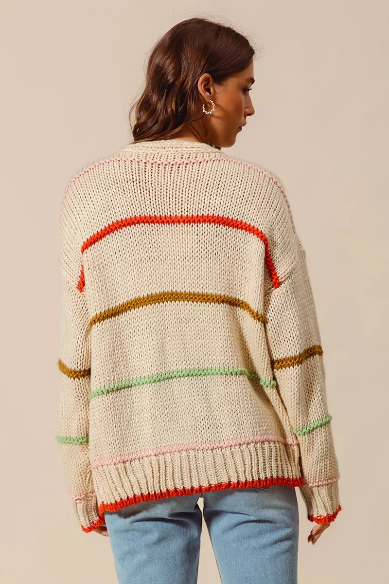 Loose Fit Multi Stripe Open Front Cardigan in Oatmeal