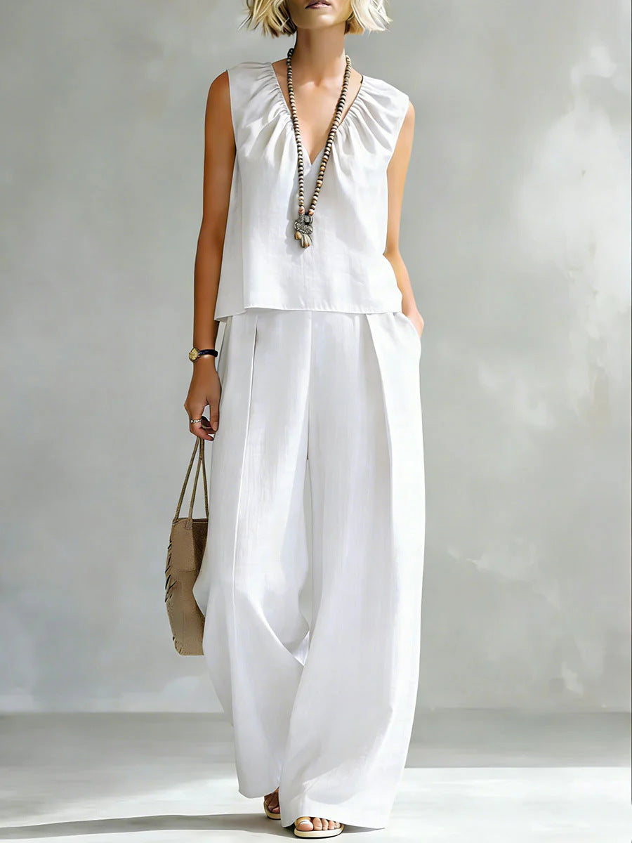 Women's Sleeveless Cotton-Linen Blouse and Wide-Leg Pants Set - Image 11