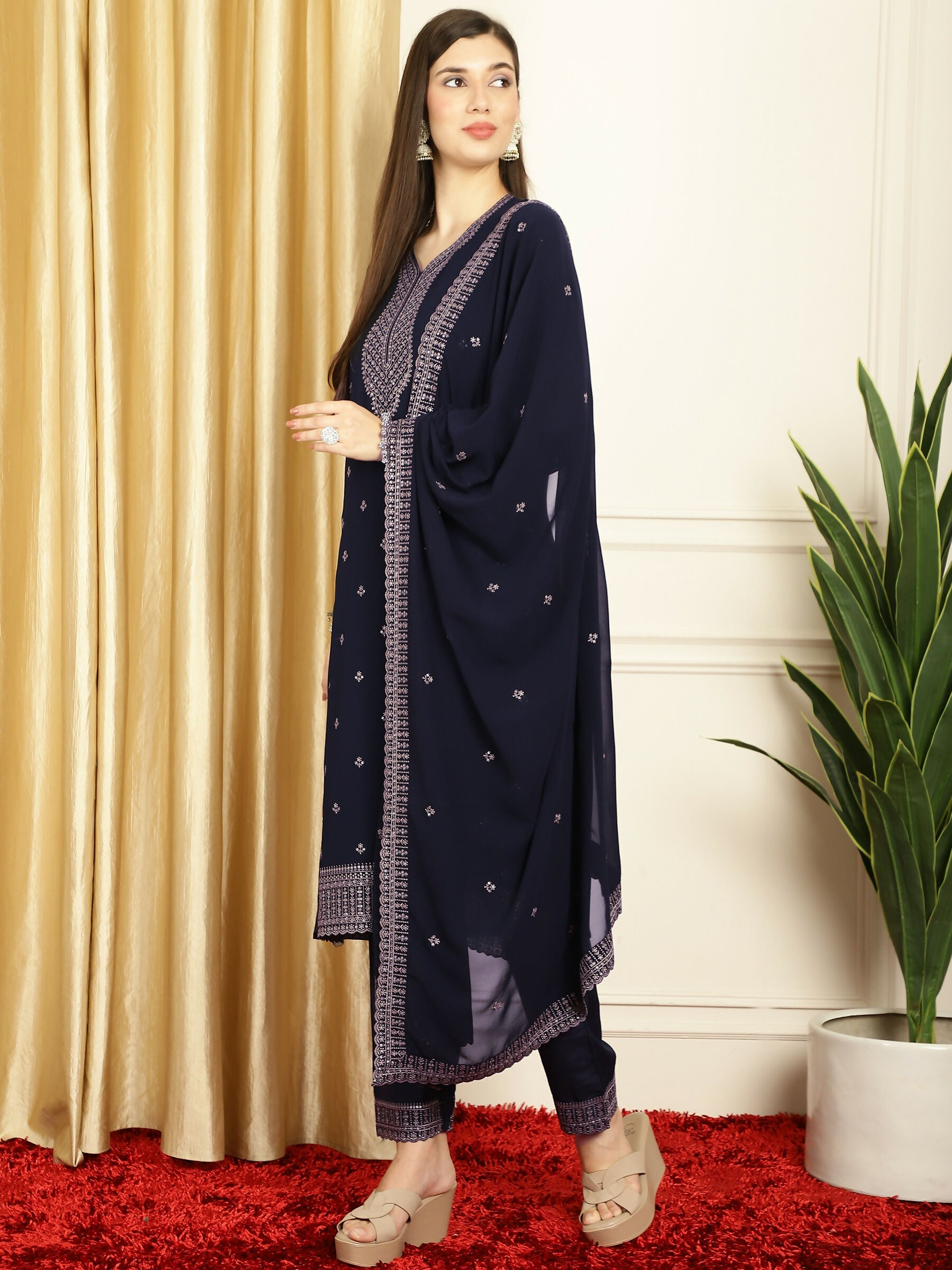 Jyoti Fashion Women's Navy Blue Georgette Resham Thread & Sequin Kurta with Trouser & Dupatta
