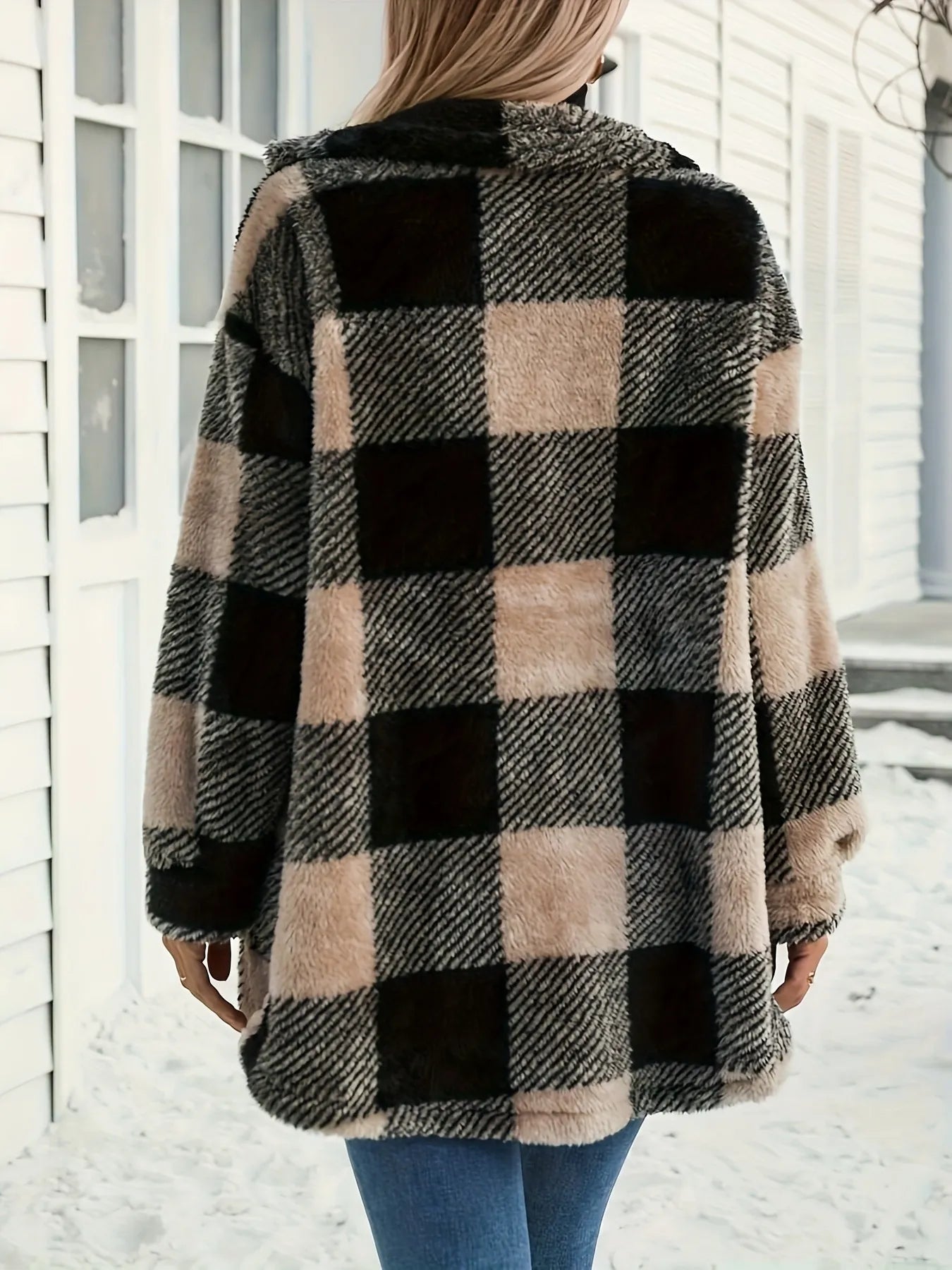 Oversized Plaid Teddy Coat with Collared Neck & Pockets