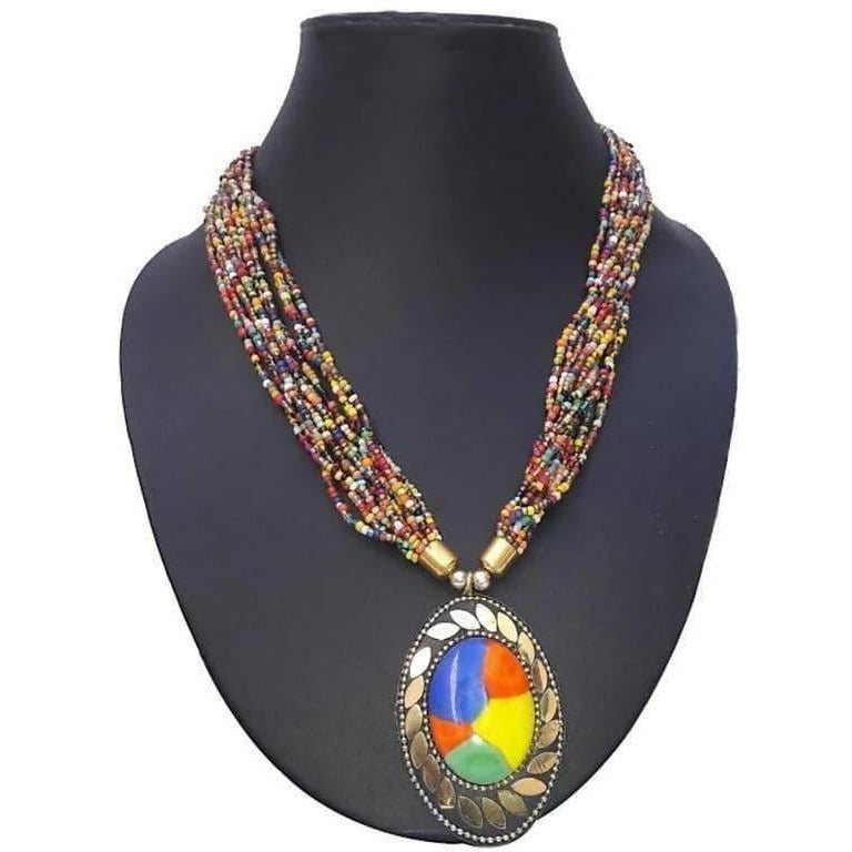 A colorful beaded traditional necklace featuring a vibrant design for women.