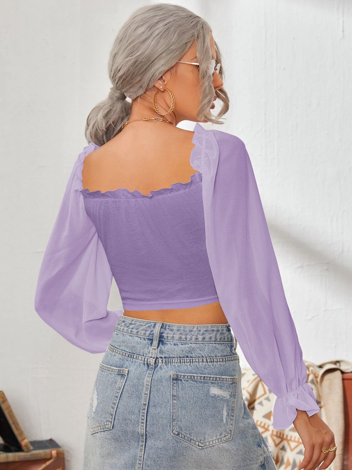 Mesh Sweetheart Neck Flounce Sleeve Top with Ruffled Detail - Image 27