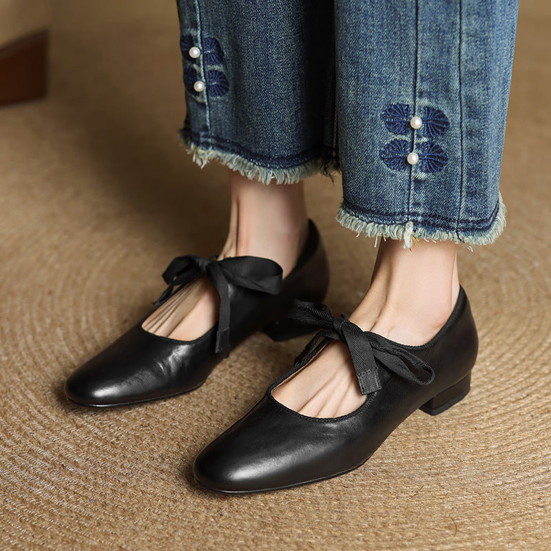 Vintage Style Genuine Leather Ribbon Tie Ballet Flats Shoes - Image 4