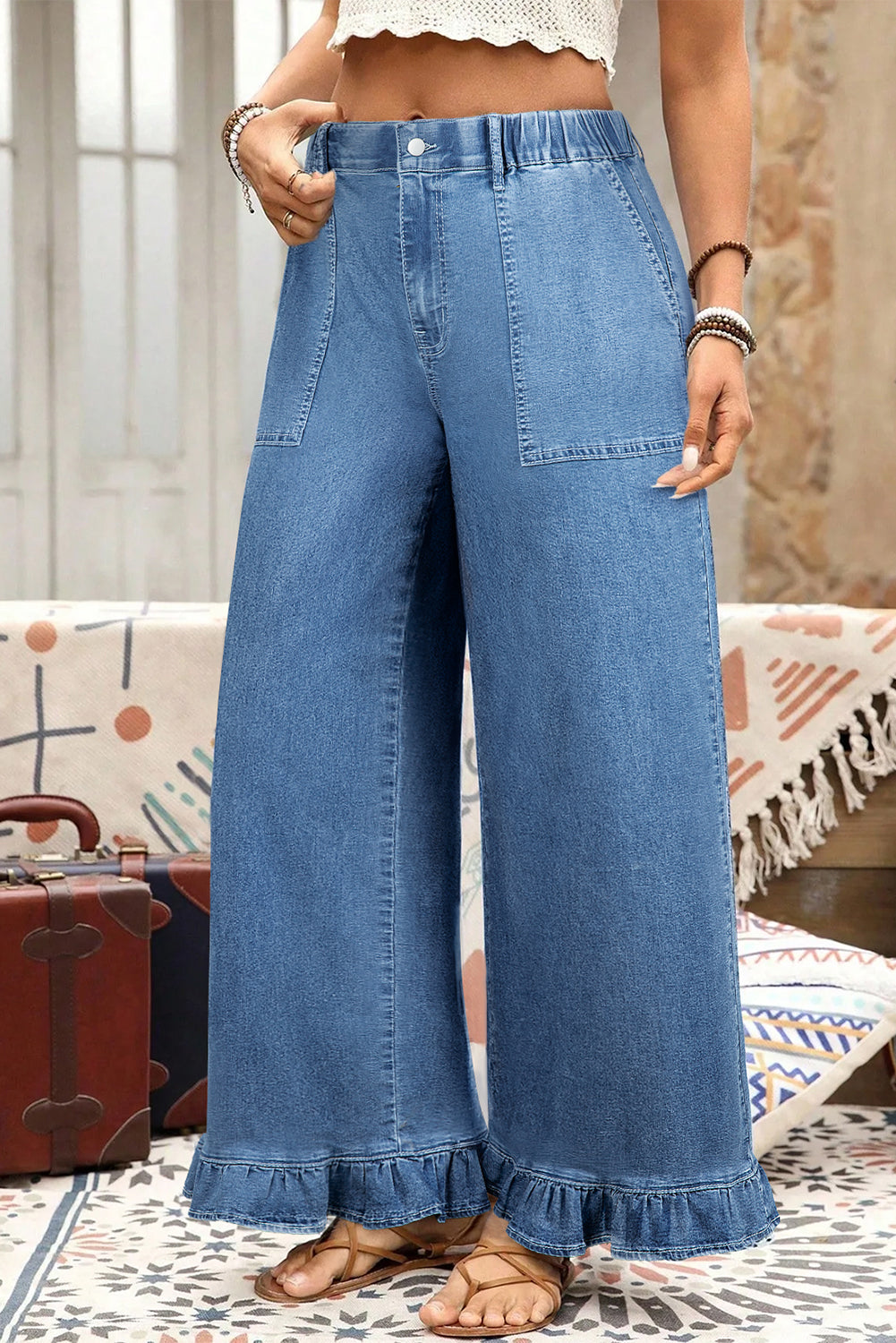 Ashleigh Blue Elastic Waist Ruffled Wide Leg Denim Pants