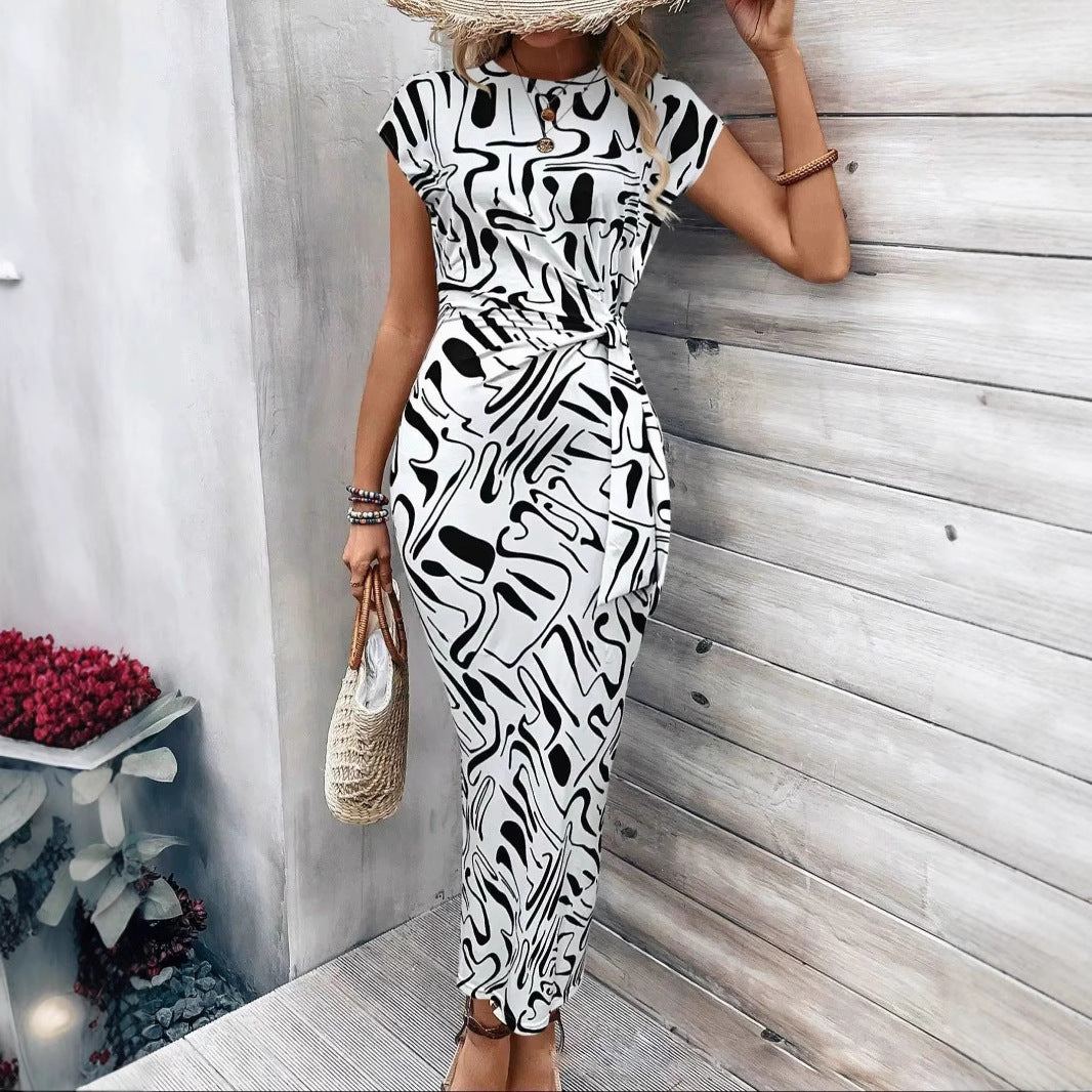 Striped Round Neck Short Sleeve Dress with Adjustable Waist Strap