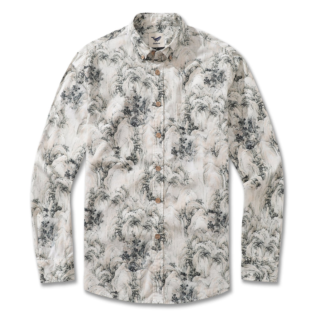 A long sleeve cotton Hawaiian shirt featuring an ink painting of mountain landscapes.