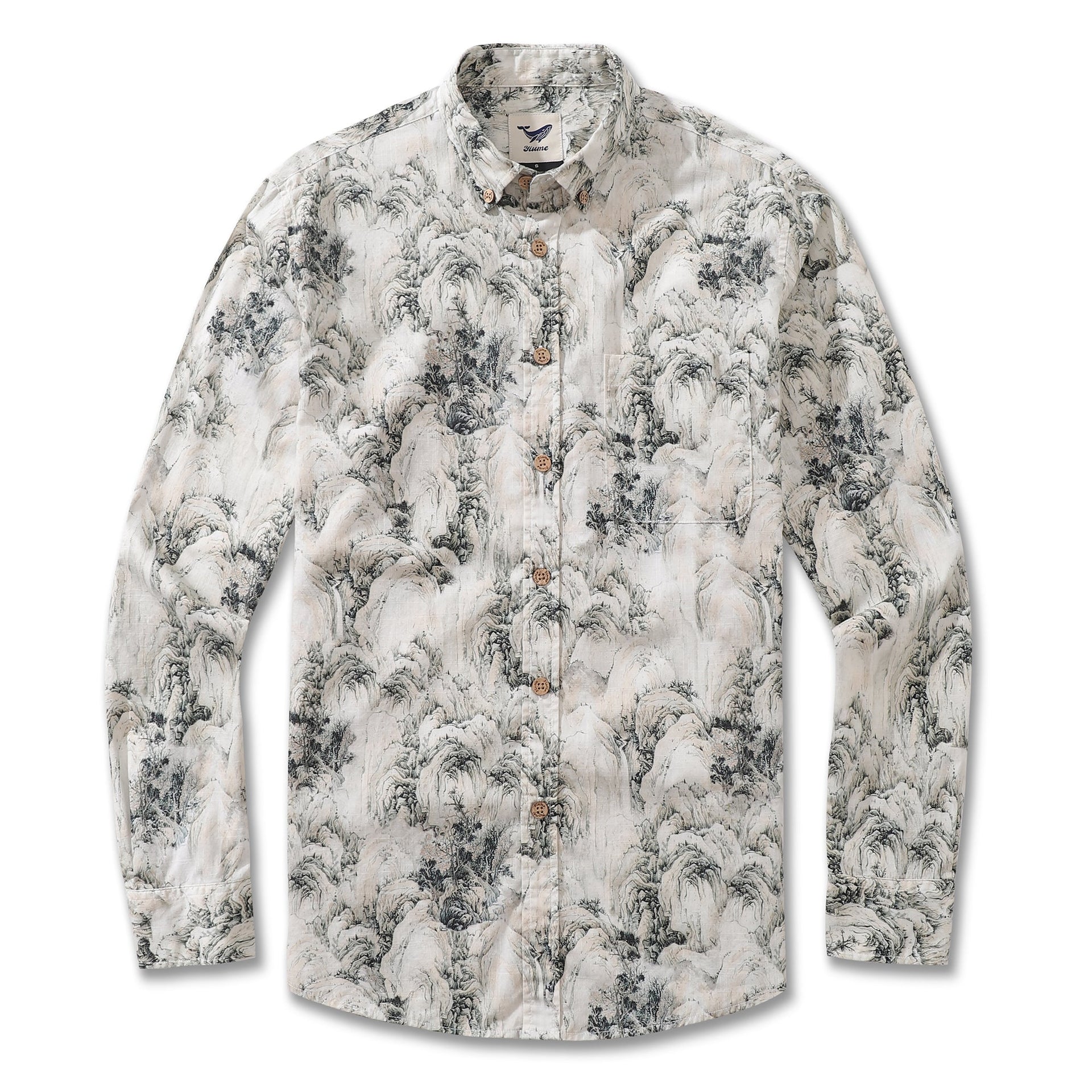 A long sleeve cotton Hawaiian shirt featuring an ink painting of mountain landscapes.