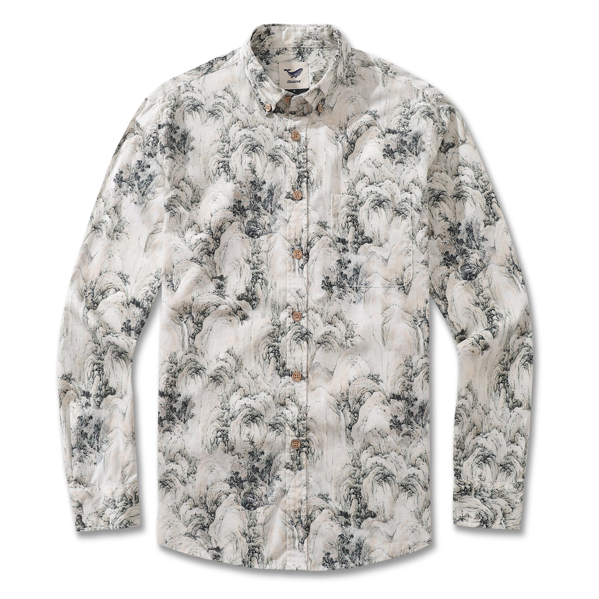 A long sleeve cotton Hawaiian shirt featuring an ink painting of mountain landscapes.
