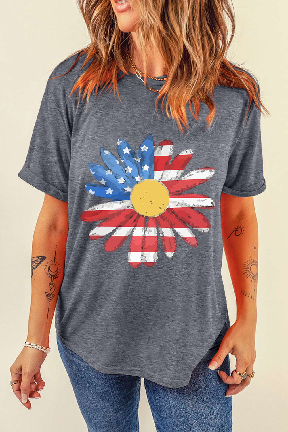 Gray Flag Pattern Sunflower Graphic Crew Neck Casual T-Shirt