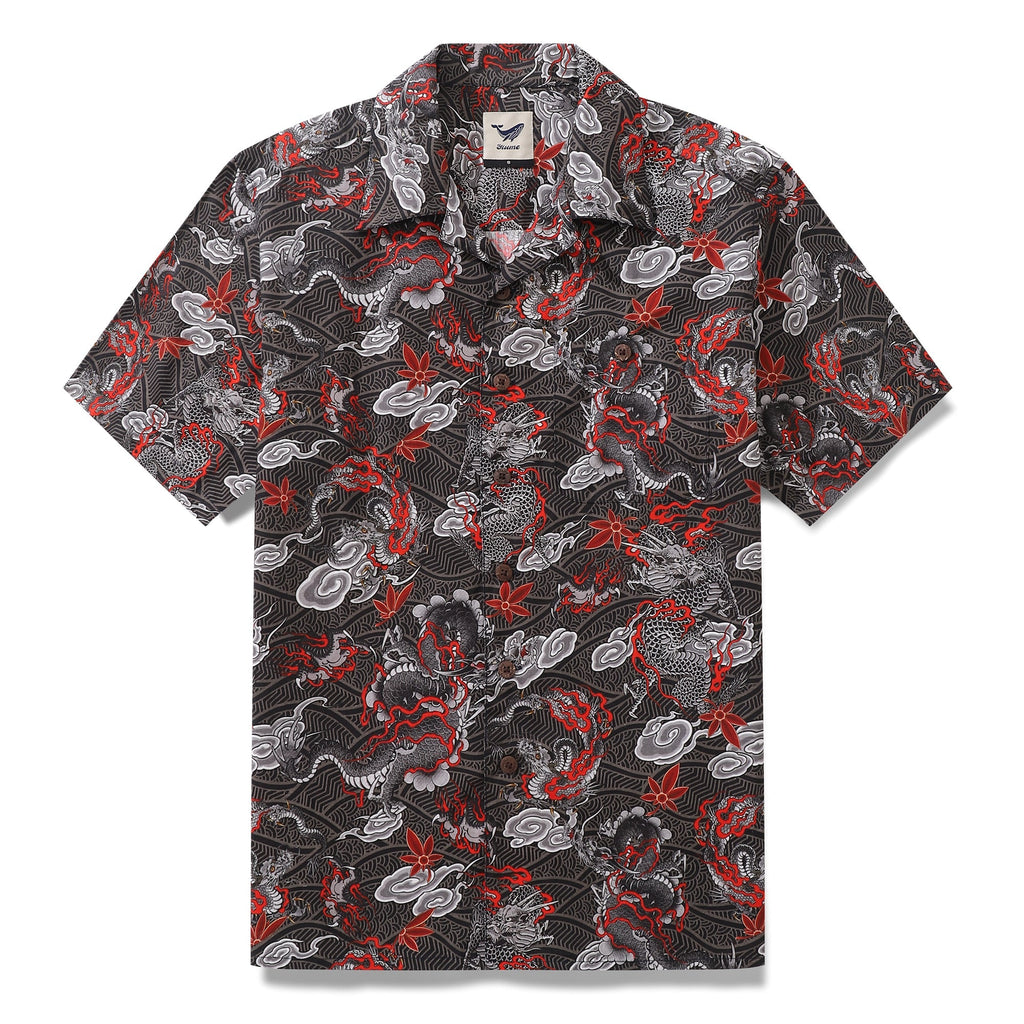 Men's short sleeve cotton Hawaiian shirt with The Dragon's Flight graphic print and camp collar.