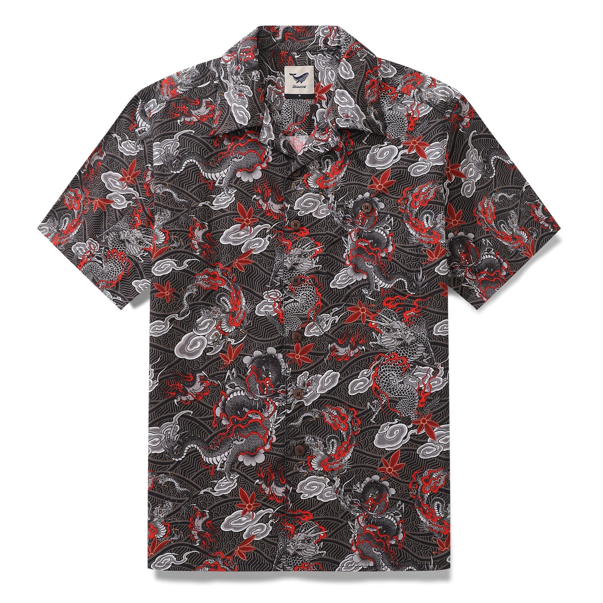 Men's short sleeve cotton Hawaiian shirt with The Dragon's Flight graphic print and camp collar.