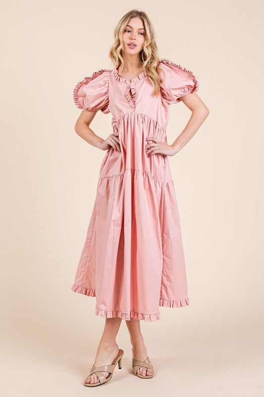 Ruffle Trim Puff Sleeve Tiered Babydoll Midi Dress