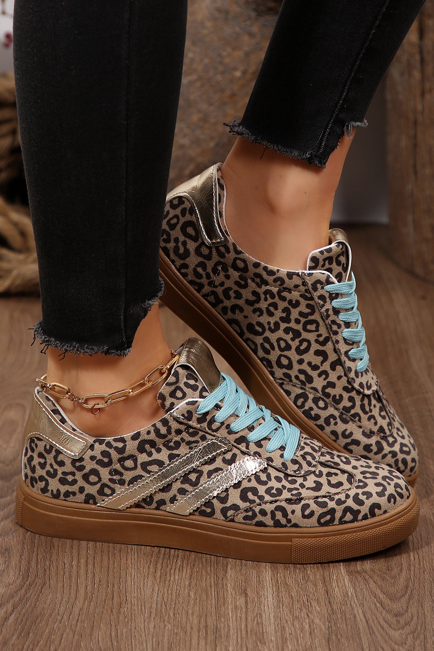 Coffee Faux Suede Leopard Print Sleek PU Leather Detail Lace Up Sneakers