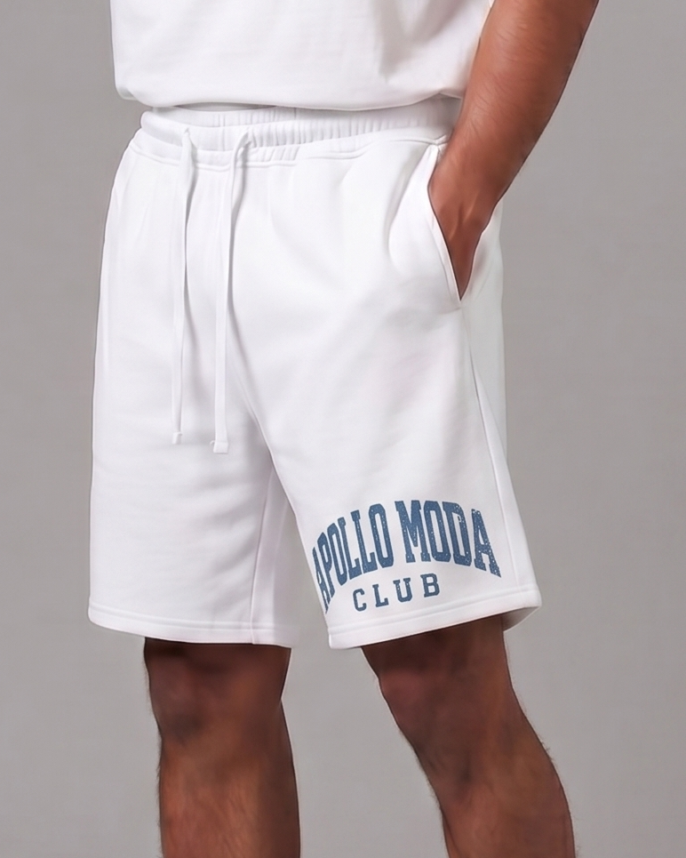 Men wearing white and blue heavyweight cotton collegiate sweat shorts in a relaxed streetwear fit.