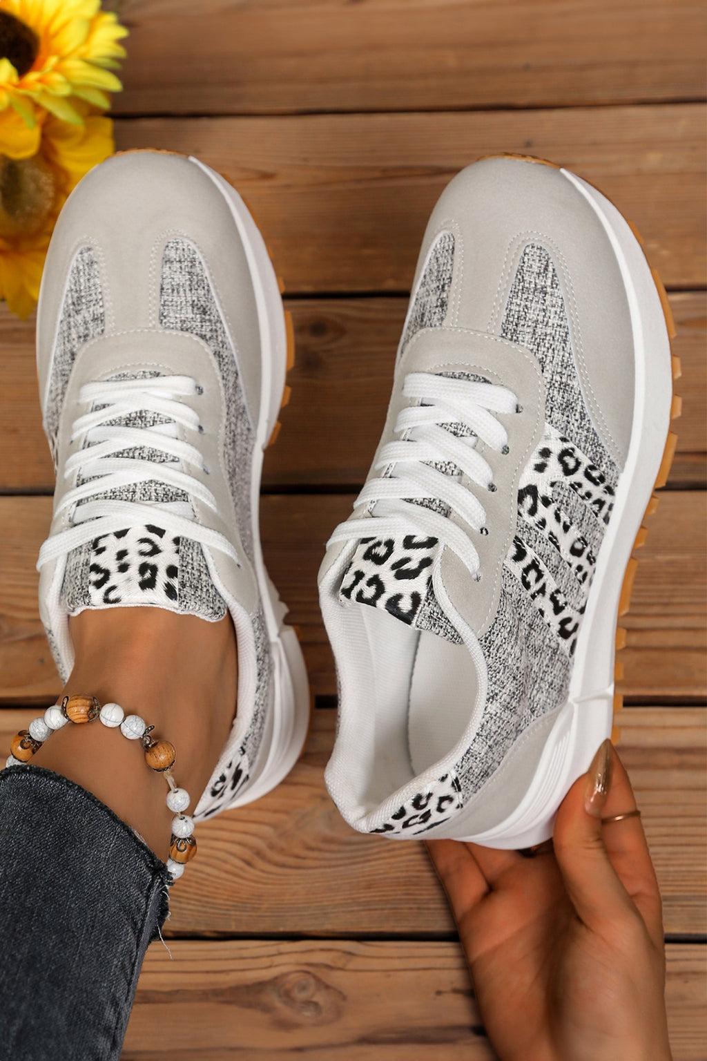 Women's Rosalia lace-up sneakers featuring mixed textures and leopard print details.