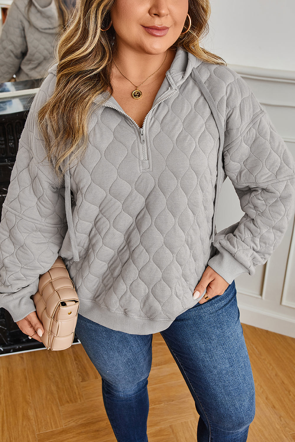 Gray Quilted Quarter Zip Hoodie | Soft Polyester