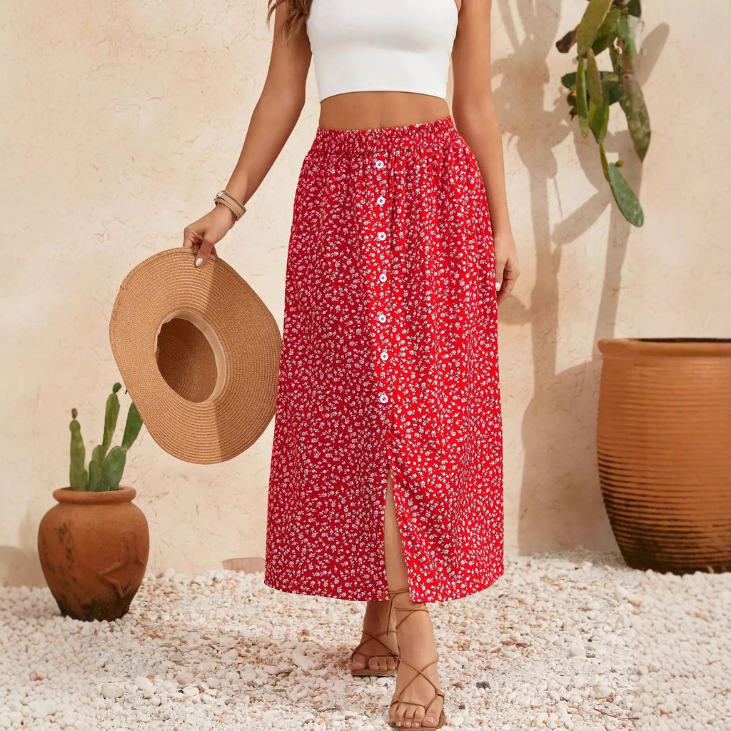 Bohemian Floral Print A-Line Skirt with Self-Tie Waist