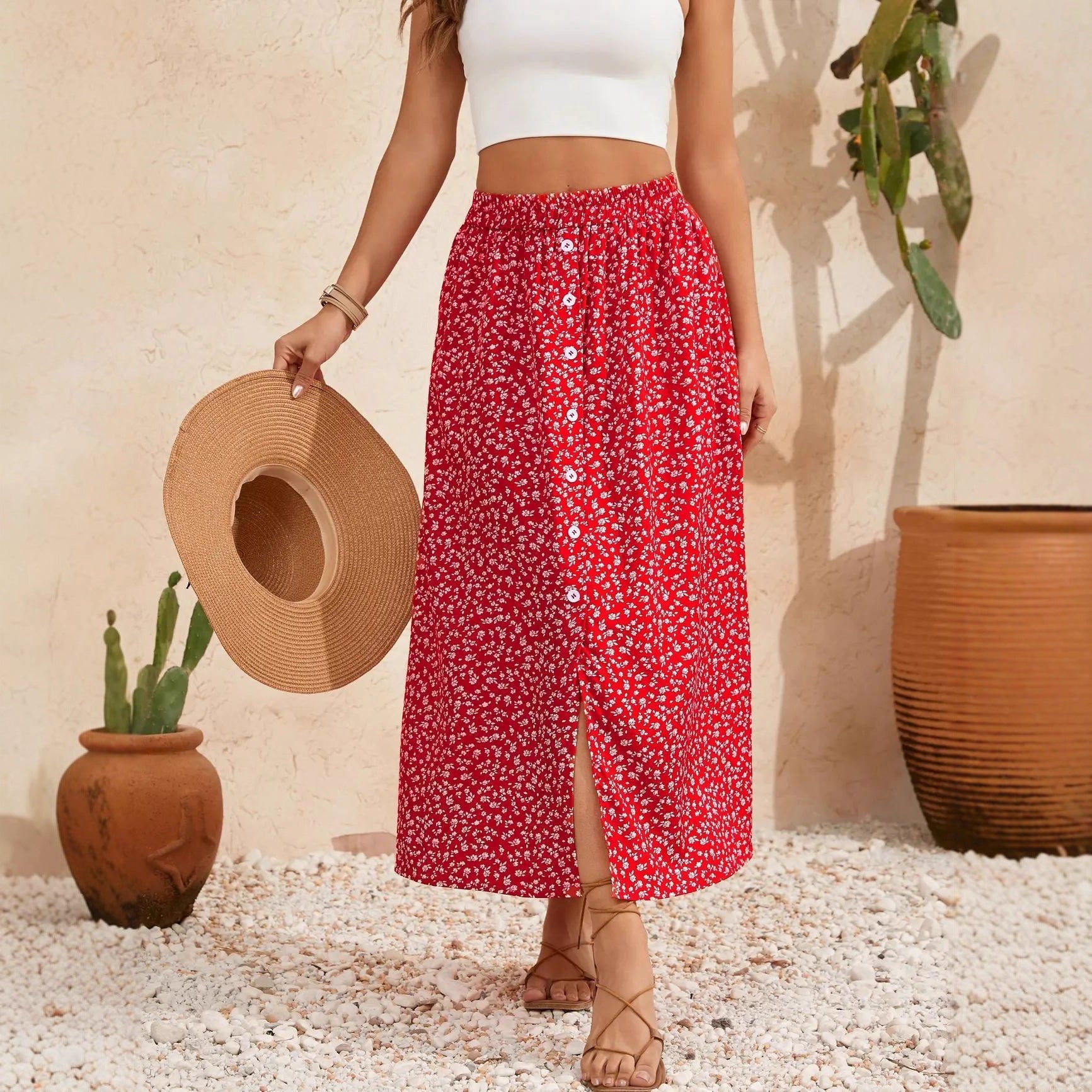 Bohemian Floral Print A-Line Skirt with Self-Tie Waist