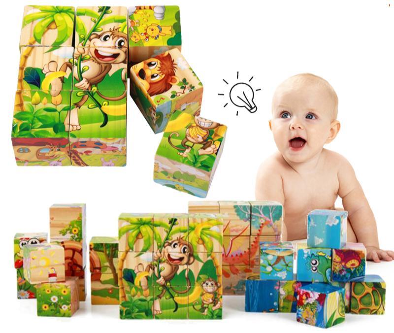 Vibrant nine-block wooden 3D puzzle set with jungle and dinosaur themes displayed on a clean surface.