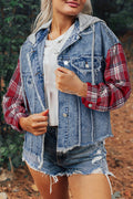 Plaid Patchwork Hooded Denim Jacket with Distressed Hem