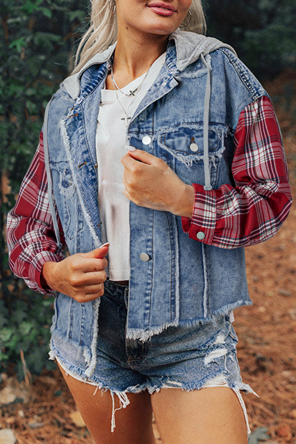 Plaid Patchwork Hooded Denim Jacket with Distressed Hem