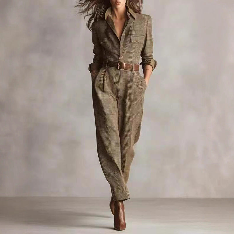 Wine Red Checkered Wide-Leg Jumpsuit with Notched Lapel Collar