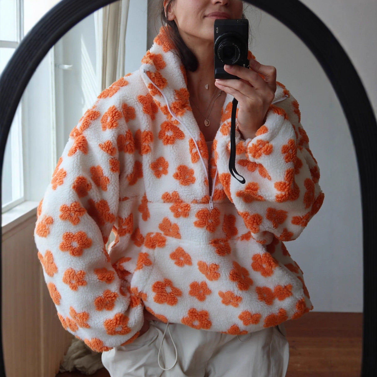 Winter Flowers Fleece Pullover Womens Cozy Zip Up Floral Sweatshirt - Image 8