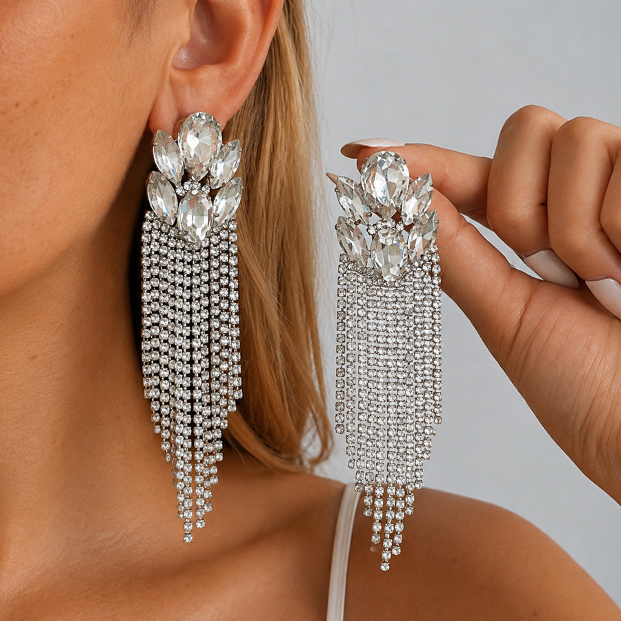 Womens Oval Rhinestone Inlaid Tassel Stud Earrings,Costume Earrings For Daily Banquet Party Wear