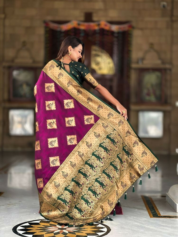 Wine Soft Banarasi Silk Saree with Zari Weaving and Meenakari
