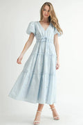 Elegant white eyelet lace midi dress with feminine puff sleeves and a V-neckline