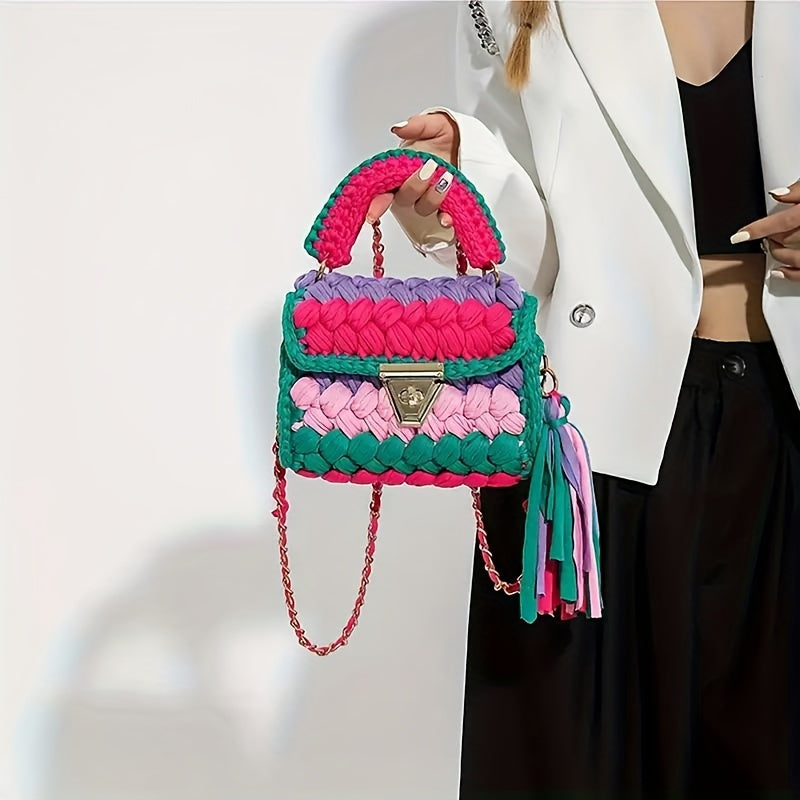 Boho Crochet Tassel Crossbody Chic Mini Color block Bag