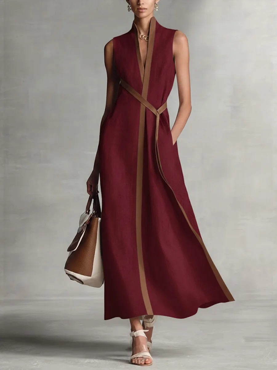 Women's Sleeveless Linen Blend Color Block Stand Collar Maxi Dress - Image 2