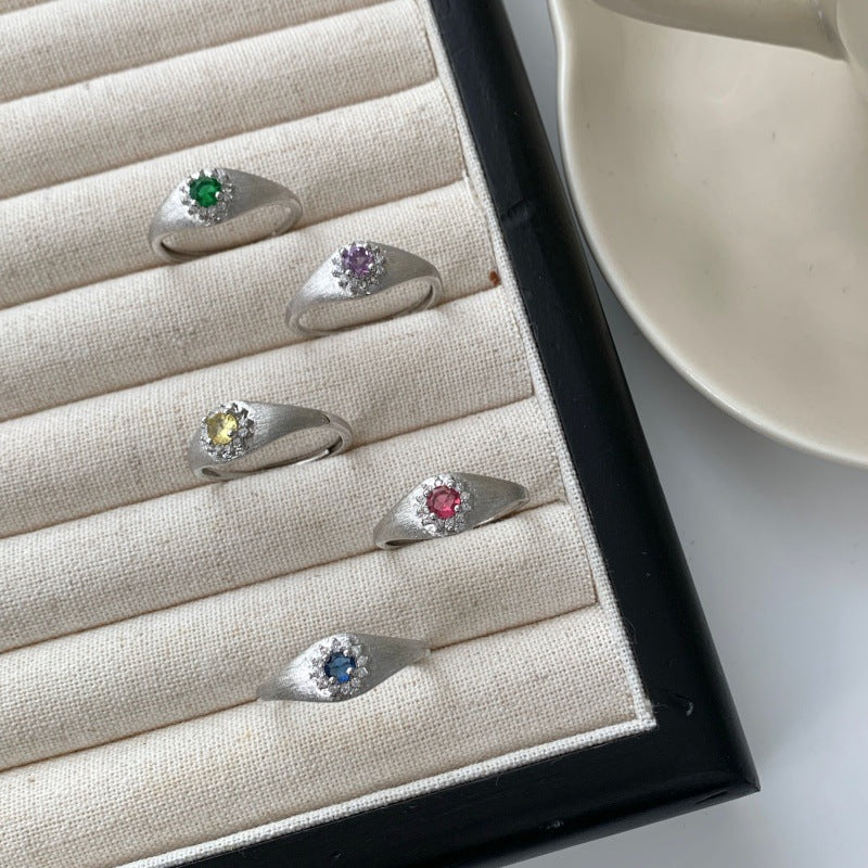 Brushed Round Stone Color Gem Open Ring For Women, Luxury Ins Style Niche Design, High-End Adjustable Index Finger Ring, Multi-color Options