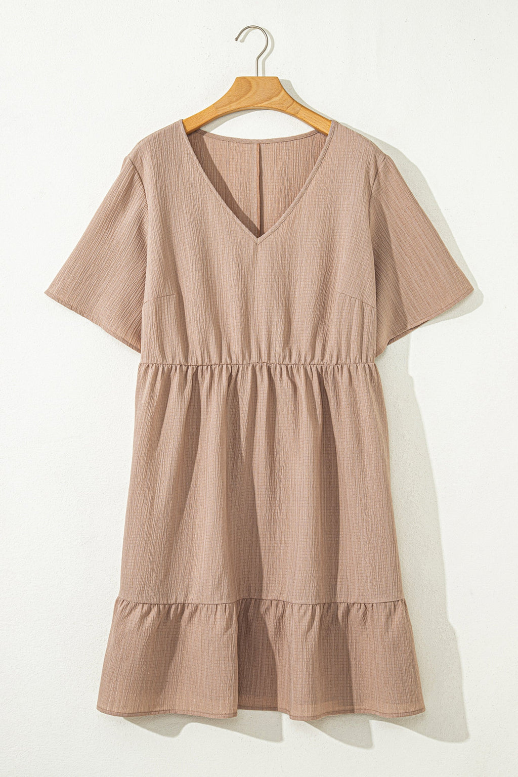 Textured Ruffle V-Neck Mini Dress in Taupe & Khaki