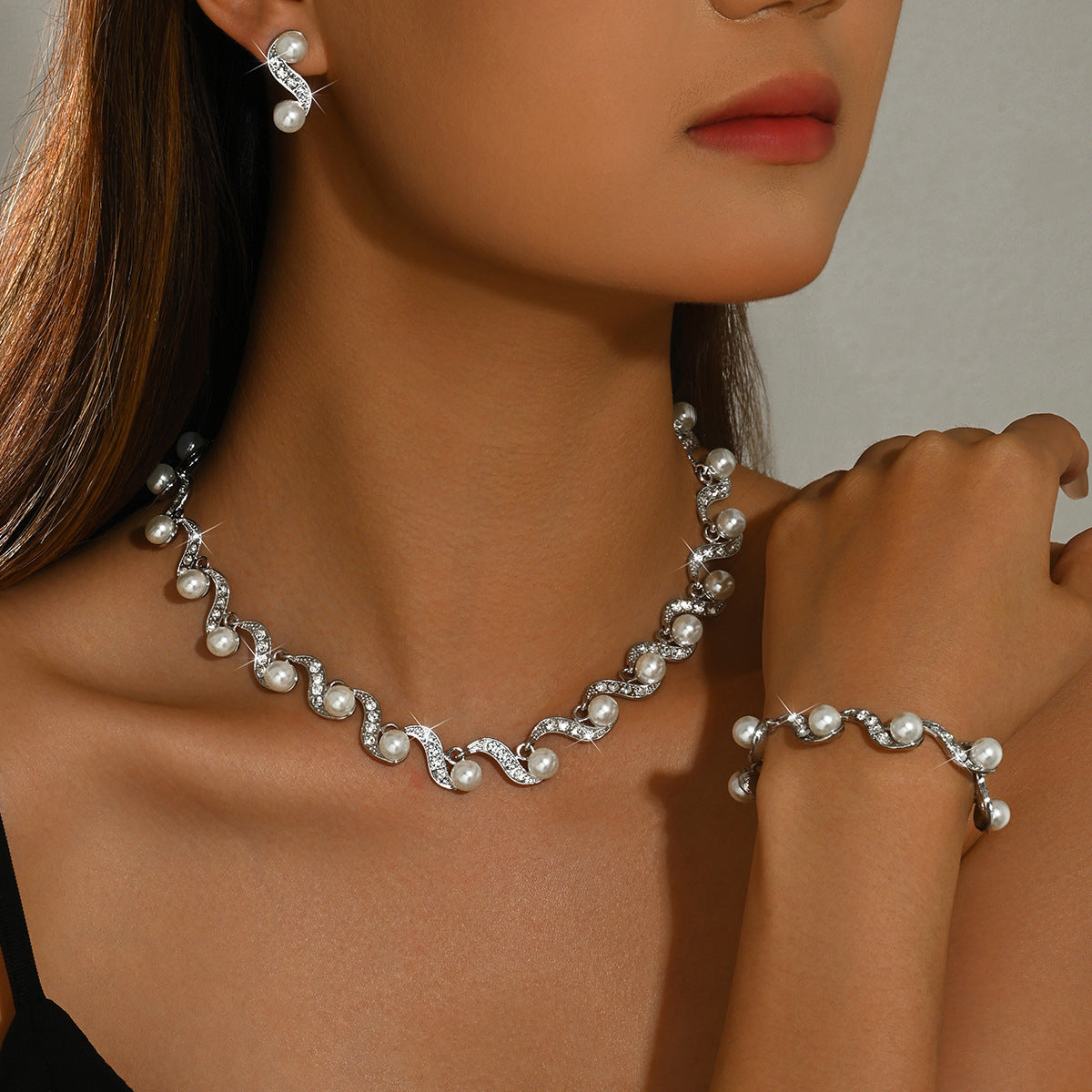 Women 3 Pcs Rhinestone Pearl Jewelry Set,Necklace Earrings Bracelet,Elegant Bridal Costume Accessories For Wedding Banquet Party Occasion