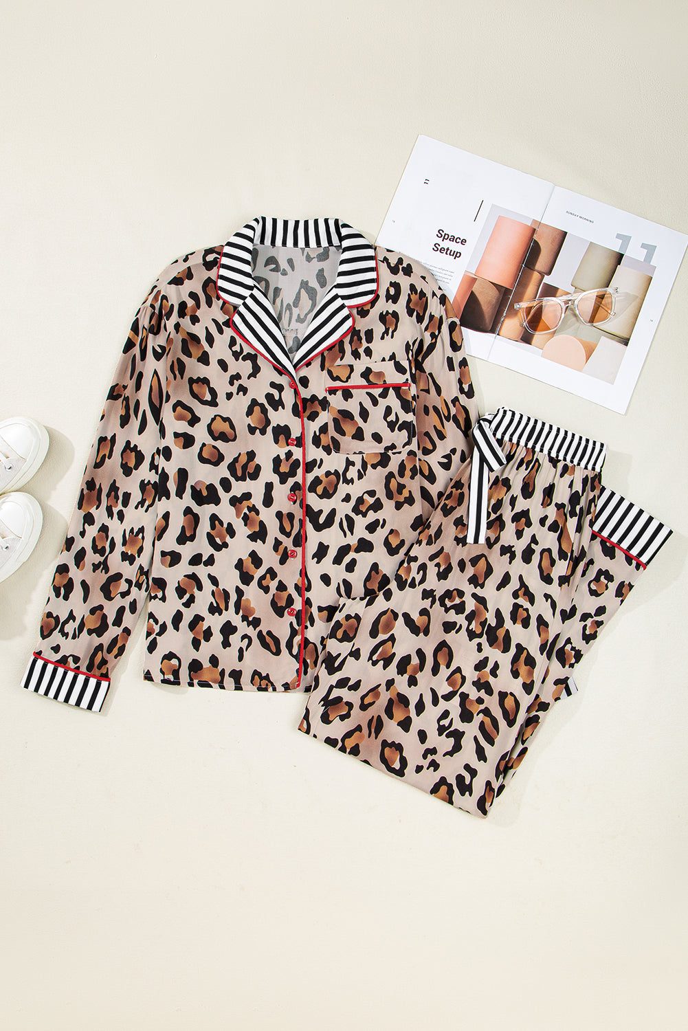 Leopard Colorblock Stripe Edge Shirt and Pants Pajama Set