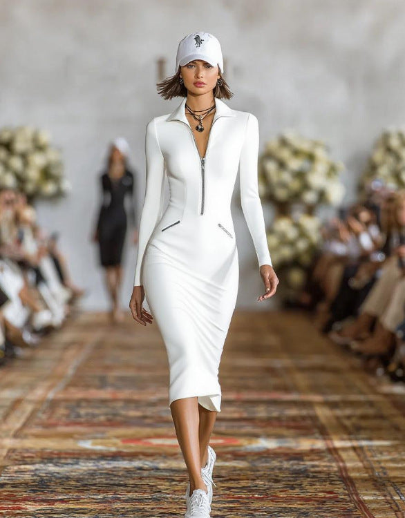 Women's Zip Front Slim Fit Mini Dress in White and Navy