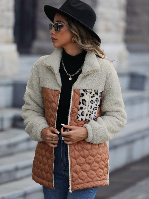 Women's Leopard Color Block Zip-Up Jacket