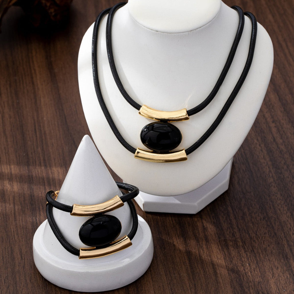 Vintage Multilayer Necklace and Bracelet Set with Oval Accents