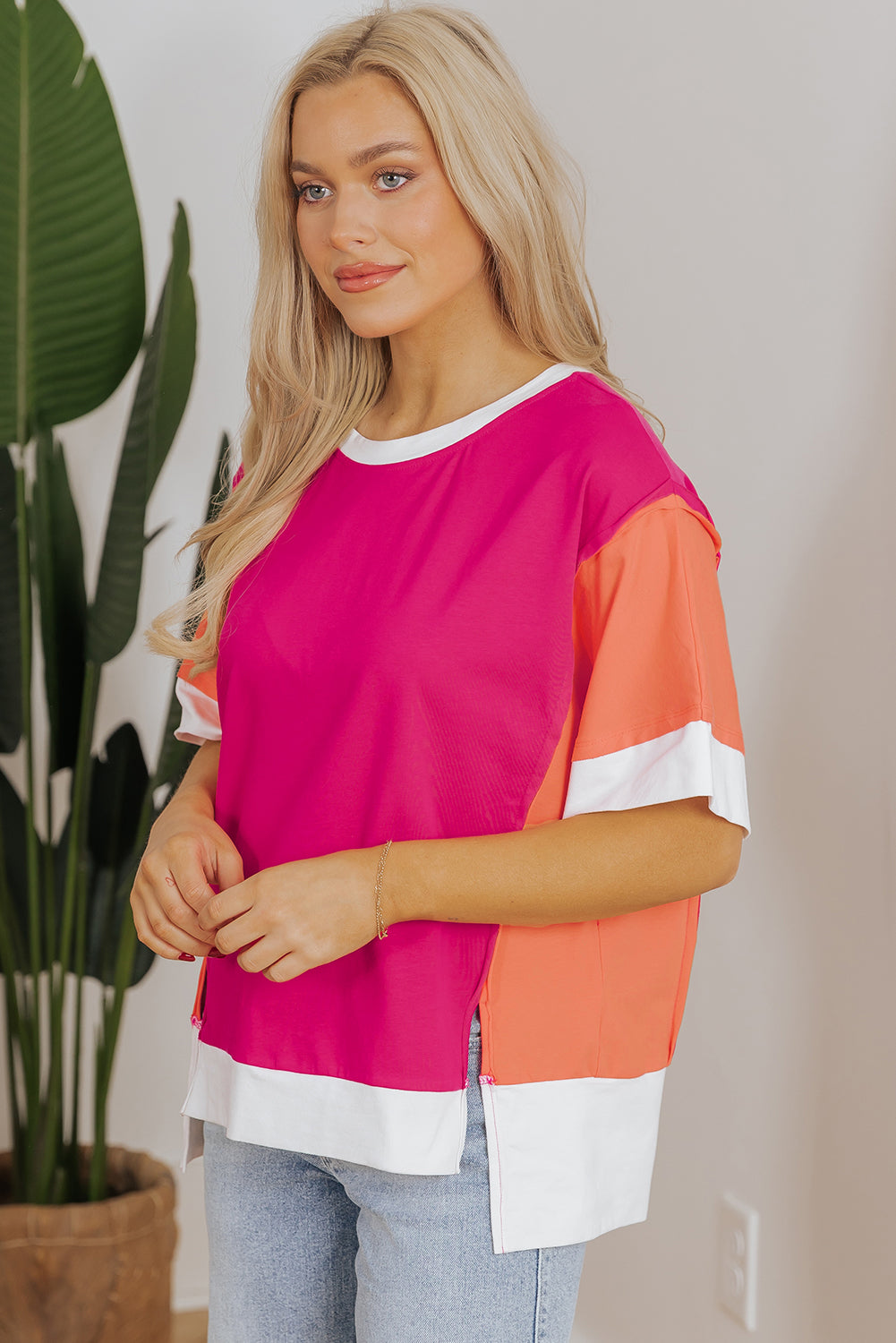 Rose Red Color Block Patchwork Side Slit Loose T-Shirt