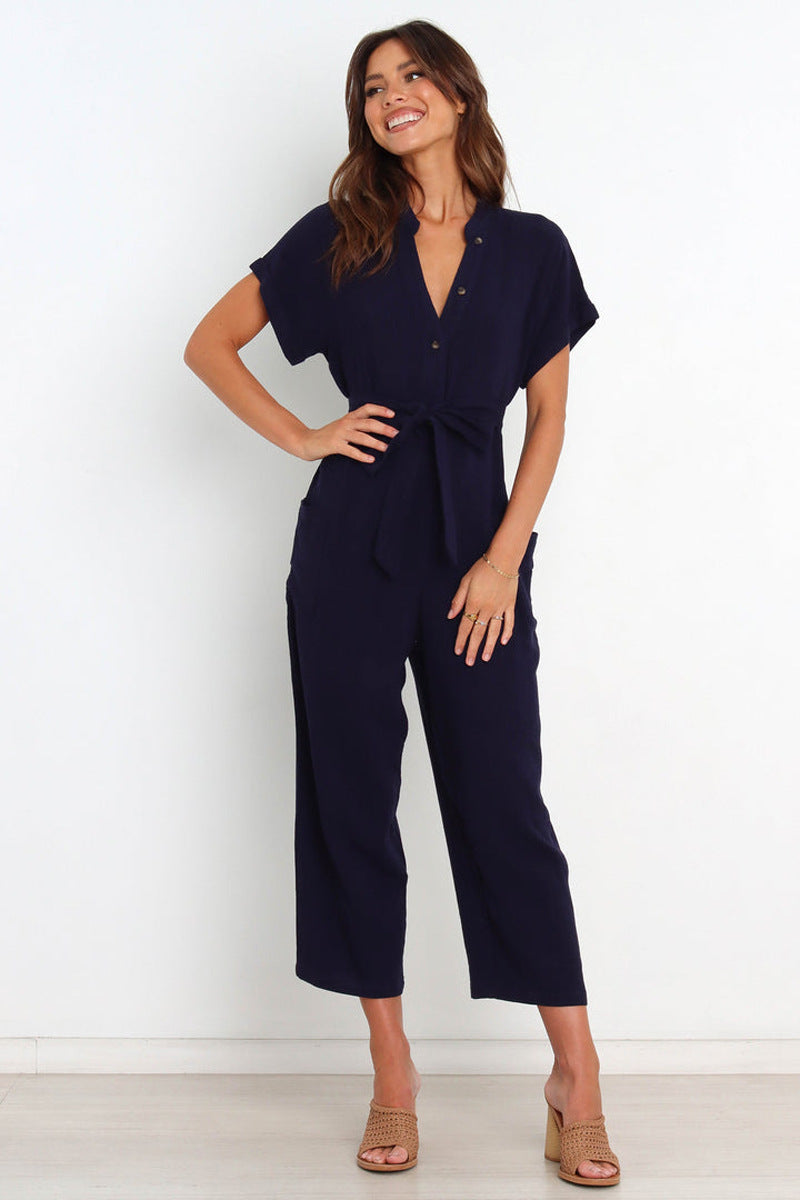 Women's V-Neck Button Front Cropped Wide-Leg Jumpsuit