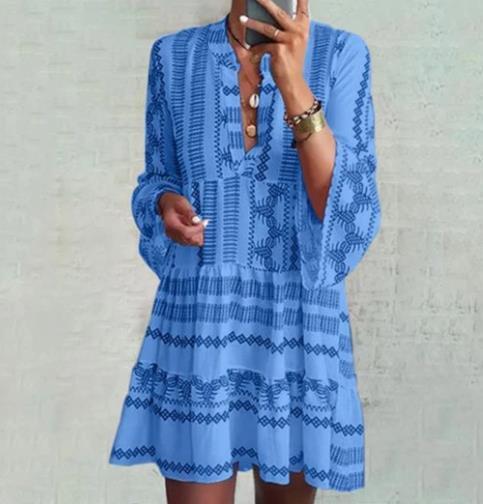 Bohemian Geometric Print Flare Sleeve Mid Dress