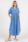 Blue mineral wash cotton midi shirt dress with button-up detail