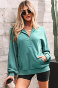 Solid Half-Zip Kangaroo Pocket Baggy Hoodie