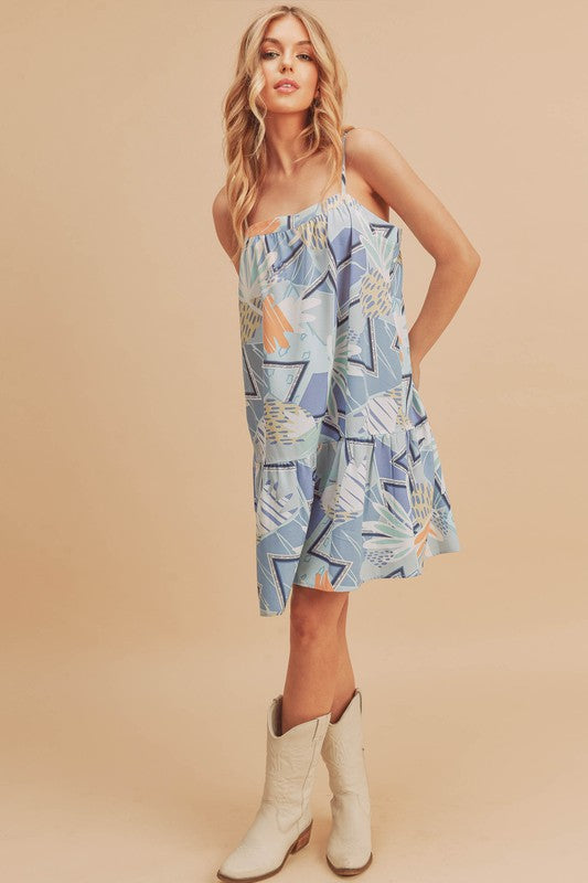 Printed Square Neck Mini Cami Dress with Ruffled Hem