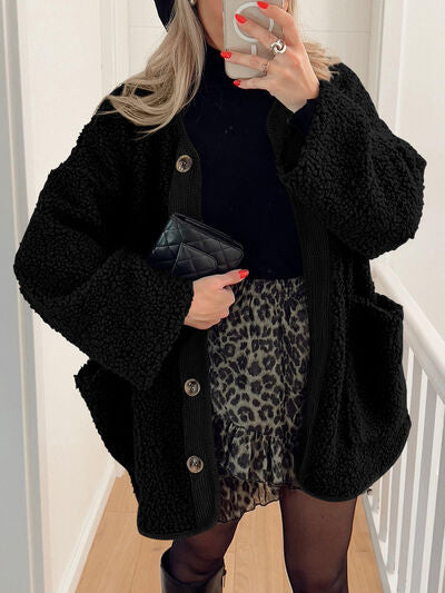Women's Cozy Sherpa Fleece Button Up Jacket with Functional Pockets