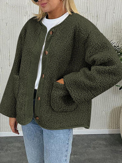 Women's Cozy Sherpa Fleece Button Up Jacket with Functional Pockets