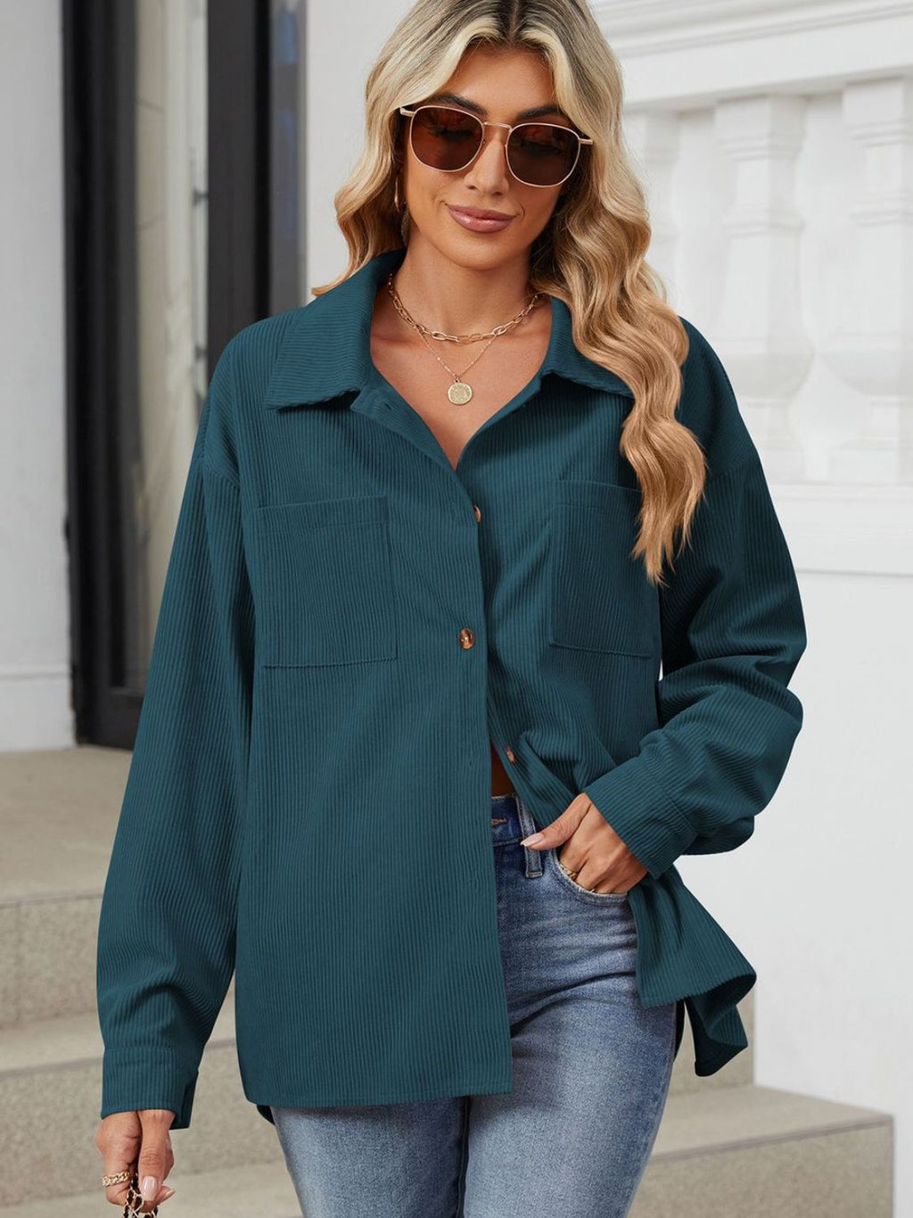 Rayon Button Up Dropped Shoulder Long Sleeve Shirt