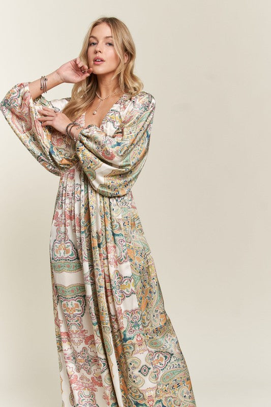 Abstract Print V-Neck Satin Batwing Sleeve Dress for Women